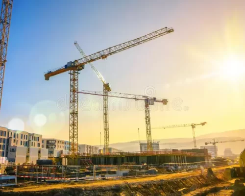 large-construction-site-including-several-cranes-clear-sky-working-building-complex-blue-sun-86651217